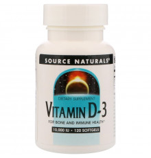 Source Naturals, Витамин D-3, 10 000 ИЕ, 120 мягких капсул