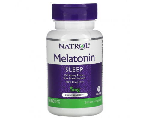 Для здорового сна Natrol, Мелатонин, с повышенной силой действия, 5 мг, 60 таблеток Для здорового сна Natrol, Мелатонин, с повышенной силой действия, 5 мг, 60 таблеток