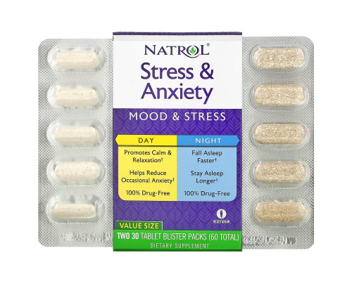 Natrol, Stress & Anxiety, Day & Night, Two 30 Tablet Blister Packs (60 Total)