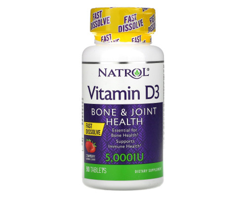 Natrol, Витамин D3, быстрорастворимый, со вкусом клубники, 5 000 МЕ, 90 таблеток Natrol, Витамин D3, быстрорастворимый, со вкусом клубники, 5 000 МЕ, 90 таблеток