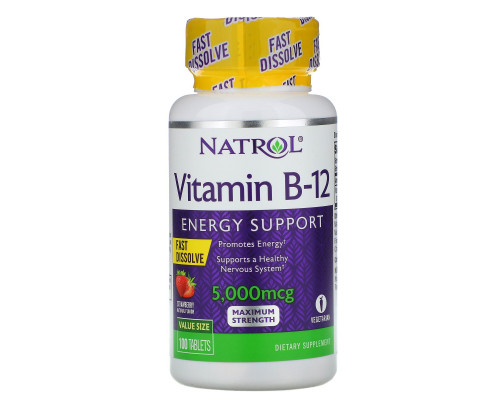 Natrol, Витамин B-12, быстрое растворение, клубничный аромат, 5000 мкг, 100 таблеток Natrol, Витамин B-12, быстрое растворение, клубничный аромат, 5000 мкг, 100 таблеток