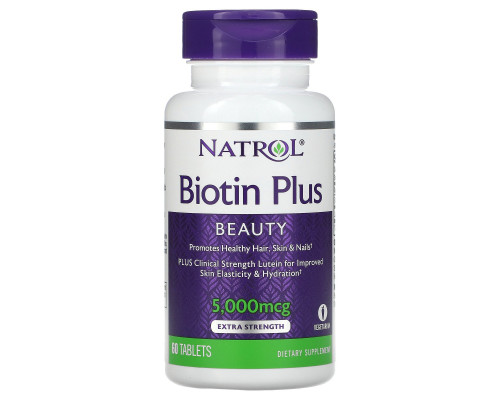 Natrol, Biotin Plus, красота, дополнительная сила, 5000 мкг, 60 таблеток Natrol, Biotin Plus, красота, дополнительная сила, 5000 мкг, 60 таблеток
