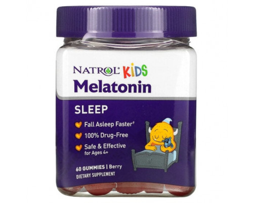 БАДы Natrol, Kids, мелатонин, для детей от 4 лет, ягодный вкус, 60 жевательных конфет БАДы Natrol, Kids, мелатонин, для детей от 4 лет, ягодный вкус, 60 жевательных конфет
