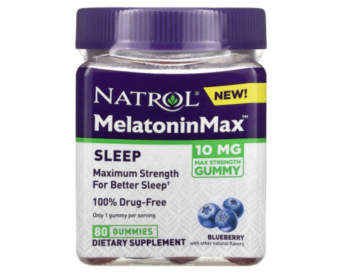 БАДы Natrol, Melatonin Max, для сна, голубика, 10 мг, 80 жевательных таблеток БАДы Natrol, Melatonin Max, для сна, голубика, 10 мг, 80 жевательных таблеток