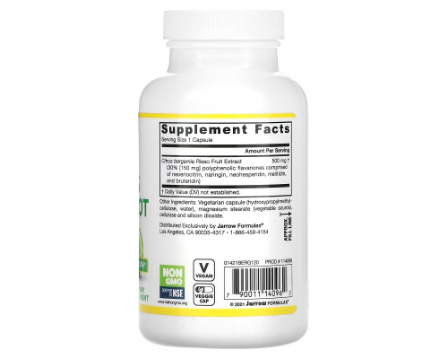 Jarrow Formulas, Цитрусовый бергамот, 500 мг, 120 овощных капсул Jarrow Formulas, Цитрусовый бергамот, 500 мг, 120 овощных капсул
