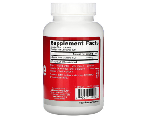 Jarrow Formulas, L-Лизин, 500 мг., 100 капсул Jarrow Formulas, L-Лизин, 500 мг., 100 капсул