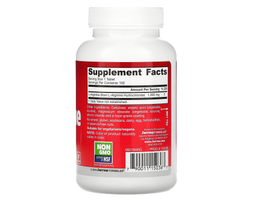 Jarrow Formulas, Аргинин, 1000 мг, 100 таблетки Jarrow Formulas, Аргинин, 1000 мг, 100 таблетки