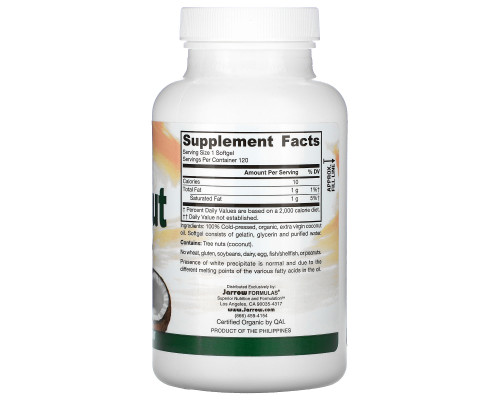 Jarrow Formulas Кокосовое масло холодный отжим 1000 мг 120 капсул Jarrow Formulas Кокосовое масло холодный отжим 1000 мг 120 капсул