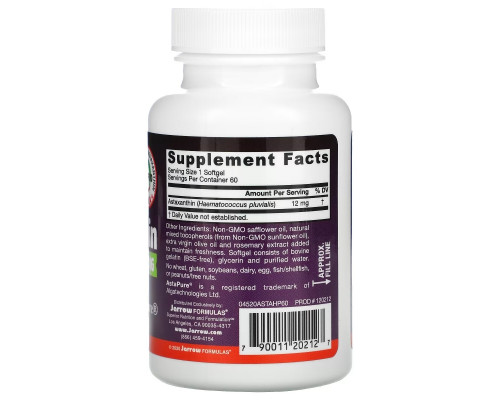 Jarrow Formulas, Астаксантин, 12 мг, 60 гелевых капсул Jarrow Formulas, Астаксантин, 12 мг, 60 гелевых капсул