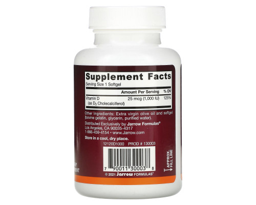 Jarrow Formulas Витамин D3 1000 МЕ 100 гелевых капсул Jarrow Formulas Витамин D3 1000 МЕ 100 гелевых капсул