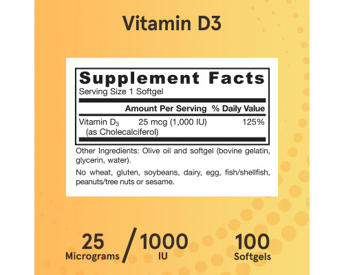 Jarrow Formulas Витамин D3 1000 МЕ 100 гелевых капсул Jarrow Formulas Витамин D3 1000 МЕ 100 гелевых капсул
