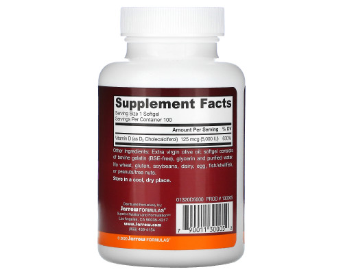 Jarrow Formulas Витамин D3 5000 МЕ 100 гелевых капсул Jarrow Formulas Витамин D3 5000 МЕ 100 гелевых капсул