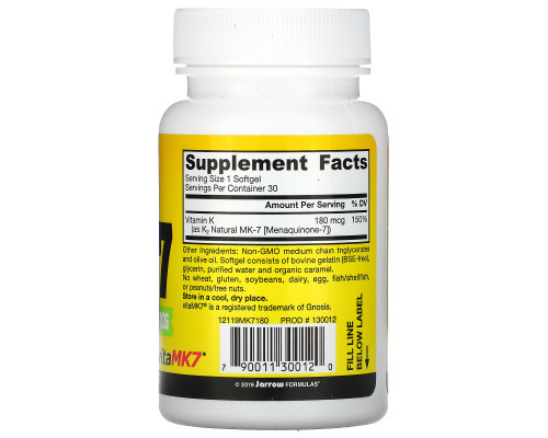 Jarrow Formulas, MK-7, Most Active Form of Vitamin K2, 180 mcg, 30 Softgels Jarrow Formulas, MK-7, Most Active Form of Vitamin K2, 180 mcg, 30 Softgels