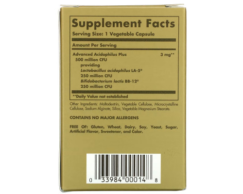 Solgar, Advanced Acidophilus Plus, 60 Vegetable Capsules Solgar, Advanced Acidophilus Plus, 60 Vegetable Capsules