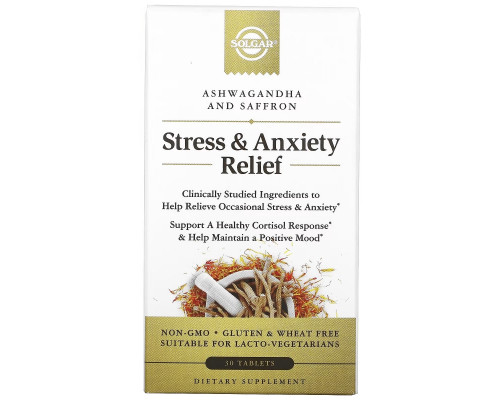 Solgar, Stress & Anxiety Relief, Ashwagandha and Saffron, 30 Tablets Solgar, Stress & Anxiety Relief, Ashwagandha and Saffron, 30 Tablets