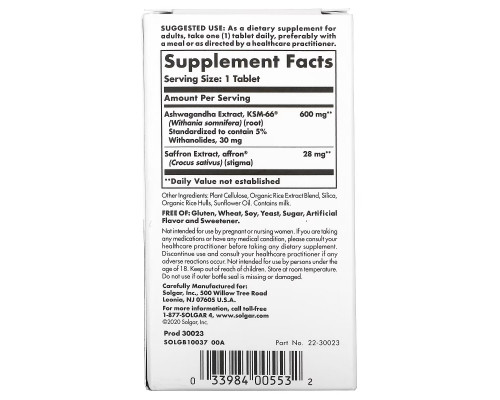 Solgar, Stress & Anxiety Relief, Ashwagandha and Saffron, 30 Tablets Solgar, Stress & Anxiety Relief, Ashwagandha and Saffron, 30 Tablets