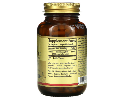 Solgar, Folic Acid, 800 mcg, 250 Vegetable Capsules Solgar, Folic Acid, 800 mcg, 250 Vegetable Capsules