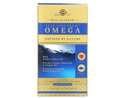 Solgar, Full Spectrum Omega, жир дикого лосося с Аляски, 120 мягких капсул Solgar, Full Spectrum Omega, жир дикого лосося с Аляски, 120 мягких капсул