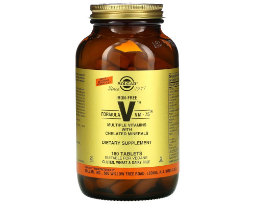 Solgar, Formula V, VM-75, Multiple Vitamins with Chelated Minerals, Iron Free, 180 Tablets Solgar, Formula V, VM-75, Multiple Vitamins with Chelated Minerals, Iron Free, 180 Tablets