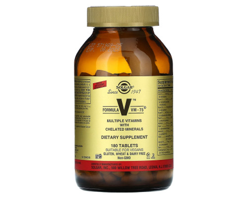 Solgar, Formula V, VM-75, мультивитамины с хелатными минералами, 180 таблеток Solgar, Formula V, VM-75, мультивитамины с хелатными минералами, 180 таблеток