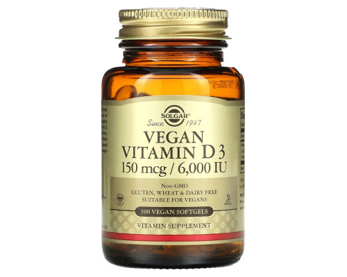 Solgar, Vegan Vitamin D3, 150 mcg / 6,000 IU, 100 Vegan Softgels Solgar, Vegan Vitamin D3, 150 mcg / 6,000 IU, 100 Vegan Softgels