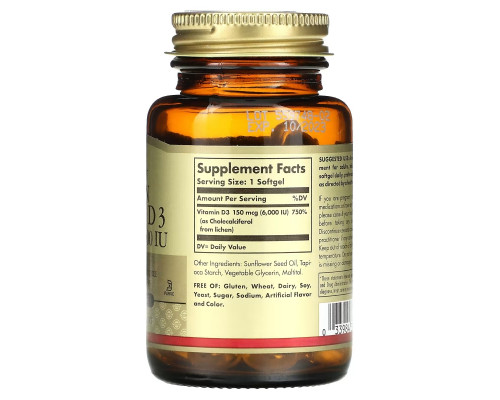 Solgar, Vegan Vitamin D3, 150 mcg / 6,000 IU, 100 Vegan Softgels Solgar, Vegan Vitamin D3, 150 mcg / 6,000 IU, 100 Vegan Softgels