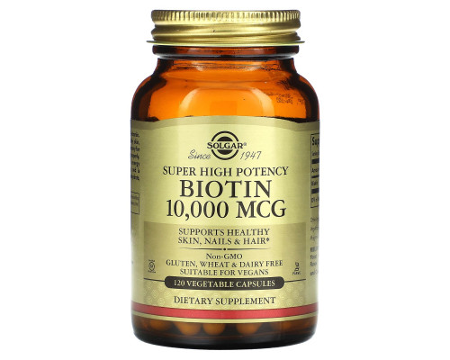 Solgar, Биотин (Biotin), высокоэффективный, 10 000 мкг, 120 растительных капсул Solgar, Биотин (Biotin), высокоэффективный, 10 000 мкг, 120 растительных капсул