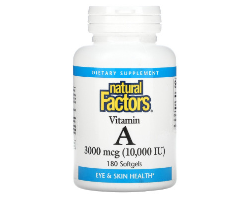 Natural Factors, Витамин A, 10,000 МЕ, 180 гелевых капсул Natural Factors, Витамин A, 10,000 МЕ, 180 гелевых капсул