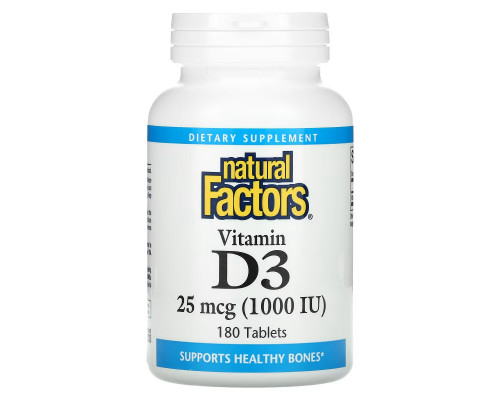 Natural Factors, Vitamin D3, 25 mcg (1,000 IU), 180 Tablets Natural Factors, Vitamin D3, 25 mcg (1,000 IU), 180 Tablets