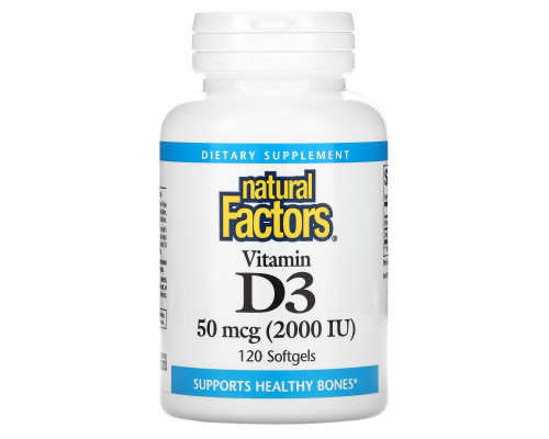 Natural Factors, Витамин D3, 2,000 МЕ, 120 гелевых капсул Natural Factors, Витамин D3, 2,000 МЕ, 120 гелевых капсул