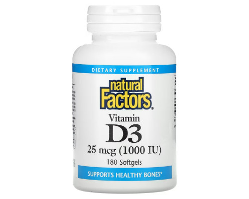 Natural Factors, Vitamin D3, 25 mcg (1,000 IU), 180 Softgels Natural Factors, Vitamin D3, 25 mcg (1,000 IU), 180 Softgels
