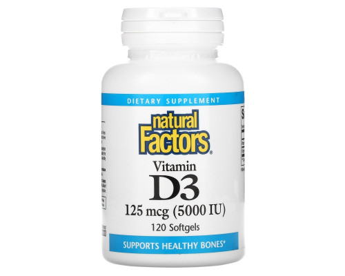 Natural Factors, Витамин D3, 5000 МЕ, 120 гелевых капсул Natural Factors, Витамин D3, 5000 МЕ, 120 гелевых капсул