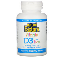Natural Factors, Витамин D3 для детей, со вкусом клубники, 400 МЕ, 100 жевательных таблеток