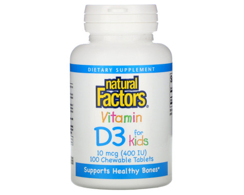 Natural Factors, Витамин D3 для детей, со вкусом клубники, 400 МЕ, 100 жевательных таблеток Natural Factors, Витамин D3 для детей, со вкусом клубники, 400 МЕ, 100 жевательных таблеток