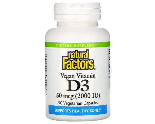 Natural Factors, Vegan Vitamin D3, 50 mcg (2,000 IU), 90 Vegetarian Capsules Natural Factors, Vegan Vitamin D3, 50 mcg (2,000 IU), 90 Vegetarian Capsules