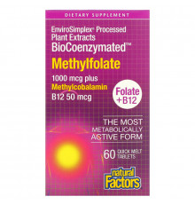 Natural Factors, BioCoenzymated, фолат и B12, метилфолат, 1000 мкг, 60 быстро рассасывающихся таблеток