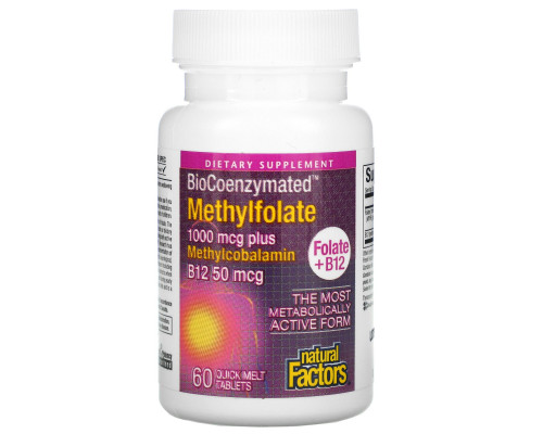 Natural Factors, BioCoenzymated, фолат и B12, метилфолат, 1000 мкг, 60 быстро рассасывающихся таблеток Natural Factors, BioCoenzymated, фолат и B12, метилфолат, 1000 мкг, 60 быстро рассасывающихся таблеток