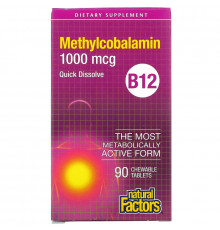 Natural Factors, B12 метилокобаламин, 1000 mcg, 90 жевательных таблеток