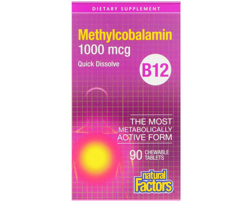 Natural Factors, B12 метилокобаламин, 1000 mcg, 90 жевательных таблеток Natural Factors, B12 метилокобаламин, 1000 mcg, 90 жевательных таблеток