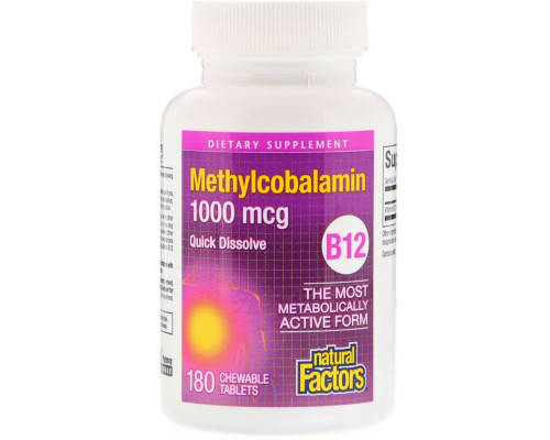 Natural Factors, B12 метилкобаламин, 1000 мкг, 180 жевательных таблеток Natural Factors, B12 метилкобаламин, 1000 мкг, 180 жевательных таблеток