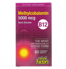 Natural Factors, B12, метилкобаламин, 5000 мкг, 60 жевательных таблеток
