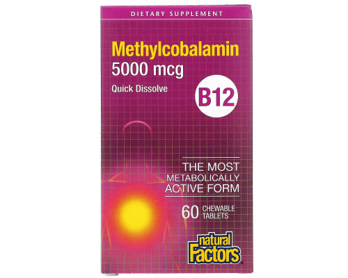 Natural Factors, B12, метилкобаламин, 5000 мкг, 60 жевательных таблеток Natural Factors, B12, метилкобаламин, 5000 мкг, 60 жевательных таблеток