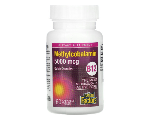 Natural Factors, B12, метилкобаламин, 5000 мкг, 60 жевательных таблеток Natural Factors, B12, метилкобаламин, 5000 мкг, 60 жевательных таблеток