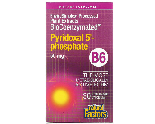 Natural Factors, BioCoenzymated, B6, пиридоксал-5-фосфат, 50 мг, 30 вегетарианских капсул Natural Factors, BioCoenzymated, B6, пиридоксал-5-фосфат, 50 мг, 30 вегетарианских капсул