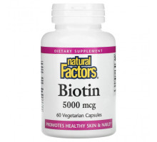 Для здоровья кожи Natural Factors, Биотин, 5000 мкг, 60 вегетарианских капсул