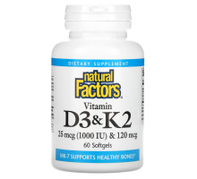 Natural Factors, Витамин D3 и K2, 60 гелевых капсул