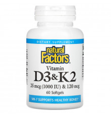 Natural Factors, Витамин D3 и K2, 60 гелевых капсул