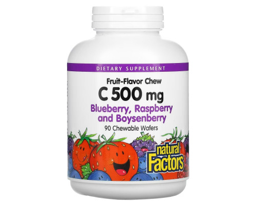 Natural Factors, Fruit-Flavor Chew Vitamin C, Blueberry, Raspberry and Boysenberry, 500 mg, 90 Chewable Wafers Natural Factors, Fruit-Flavor Chew Vitamin C, Blueberry, Raspberry and Boysenberry, 500 mg, 90 Chewable Wafers