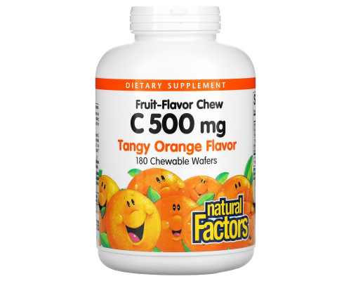 Natural Factors, Витамин C 500 мг, со вкусом кислого апельсина, 180 жевательных вафель Natural Factors, Витамин C 500 мг, со вкусом кислого апельсина, 180 жевательных вафель