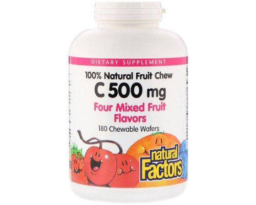 Natural Factors, Vitamin C, 100% Natural Fruit Chew, Four Mixed Fruit Flavors, 500 mg, 180 Chewable Wafers Natural Factors, Vitamin C, 100% Natural Fruit Chew, Four Mixed Fruit Flavors, 500 mg, 180 Chewable Wafers